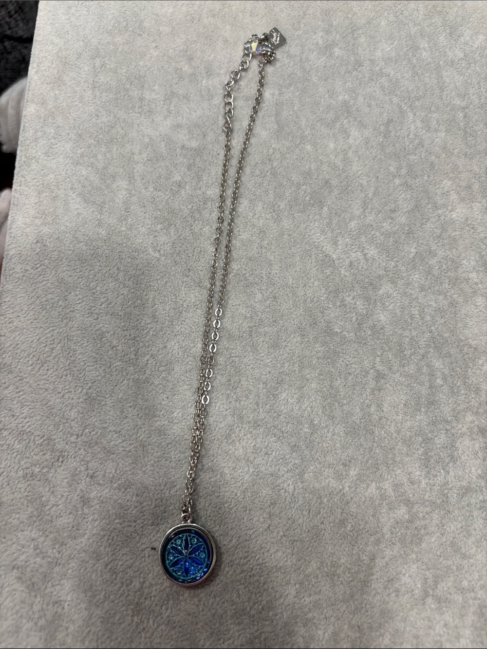 Silver Necklace with Blue Iridescent Round Pendant